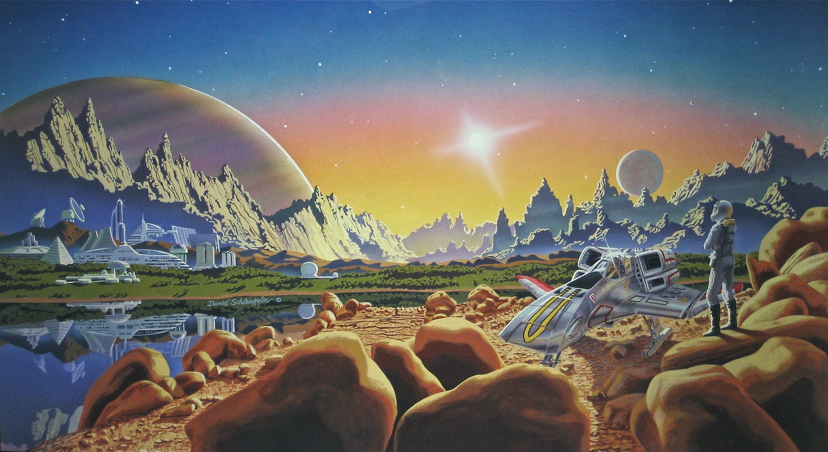 Um horizonte com cidade e campos retrofuturistas ao fundo, com montanhas brancas